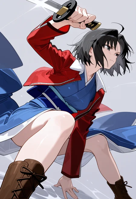 kmj-ovo,ryougi shiki, 1girl, solo, short hair, black hair, long sleeves, holding, jacket, weapon, boots, open clothes, japanese clothes, grey background, kimono, black eyes, sash, brown footwear, obi, knife, red jacket, blue kimono, reverse grip,,masterpiece,best quality,newest,absurdres,highres,very awa <lora:None:1.0> <lora:OVO_Style:0.8500000000000002>
