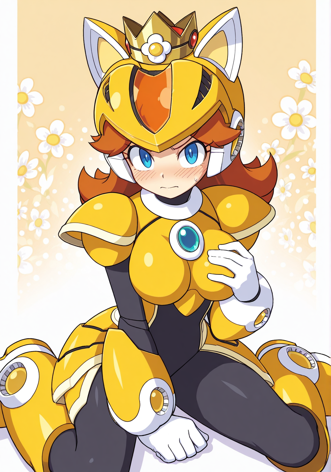 masterpiece,best quality,amazing quality, XOVER, robot armor, black bodysuit, cat ears helmet, wrist armor, shoulder armor, chest armor, waist armor, blue gem, leg armor, robot ears, white gloves, solo, orange armor, yellow armor, armor gem, princess daisy, orange hair, large breasts, abstract background, flower print background, looking at viewer, embarrassed, one arm on chest,  side glance, sitting, wariza, (mega man x:0.6)