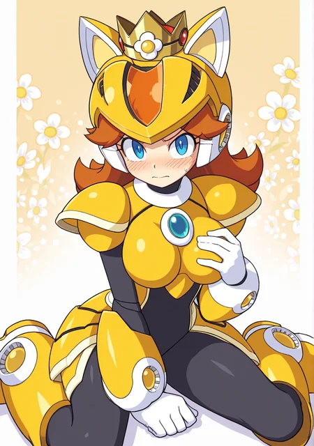 masterpiece,best quality,amazing quality, XOVER, robot armor, black bodysuit, cat ears helmet, wrist armor, shoulder armor, chest armor, waist armor, blue gem, leg armor, robot ears, white gloves, solo, orange armor, yellow armor, armor gem, princess daisy, orange hair, large breasts, abstract background, flower print background, looking at viewer, embarrassed, one arm on chest, side glance, sitting, wariza, (mega man x:0.6)