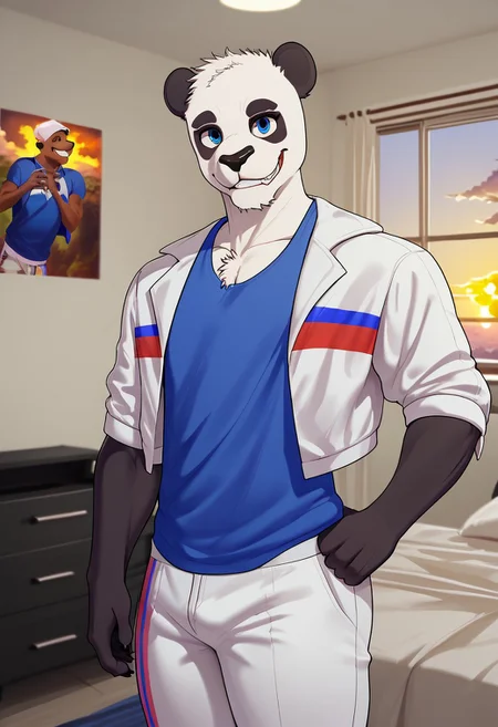 score_9, score_8_up, score_7_up, score_6_up, score_5_up, score_4_up, source_anime, source_furry, zPDXL3, <lora:BryanLiuPXL-05:0.7>, BryanLiu, short hair, blue eyes, 1boy, solo, furry, furry male, panda, black fur, cinematic lighting, great lighting, detailed background, inside, indoors, bedroom, lamp, photo, window, sunset, cloud, intricate details, detailed, high quality, HD, hi res, masterpiece, unparalleled masterpiece, muscular male, bara, plump. toned ass, bubble ass, big ass, pectorals, large pectorals, white pants, blue tank top, pectoral cleavage, jacket, open jacket, open clothes, smile, hands on hips, (pose)