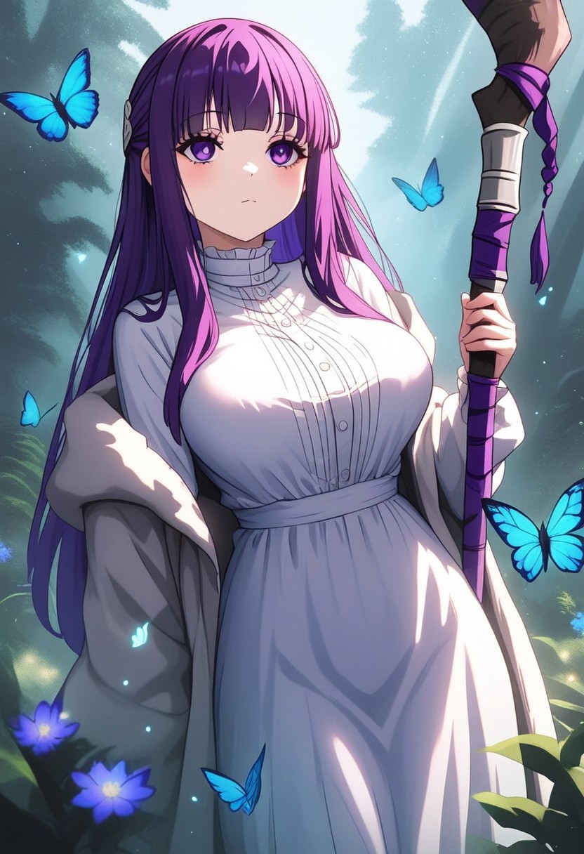 fern \(sousou no frieren\), 1girl, blue butterfly, breasts, bug, butterfly, closed mouth, dress, holding, holding weapon, insect, large breasts, light particles, long hair, mage staff, outdoors, purple eyes, purple hair, robe, , solo, staff, weapon, white robe, msk12003, masterpiece, best quality, very aesthetic, absurdres