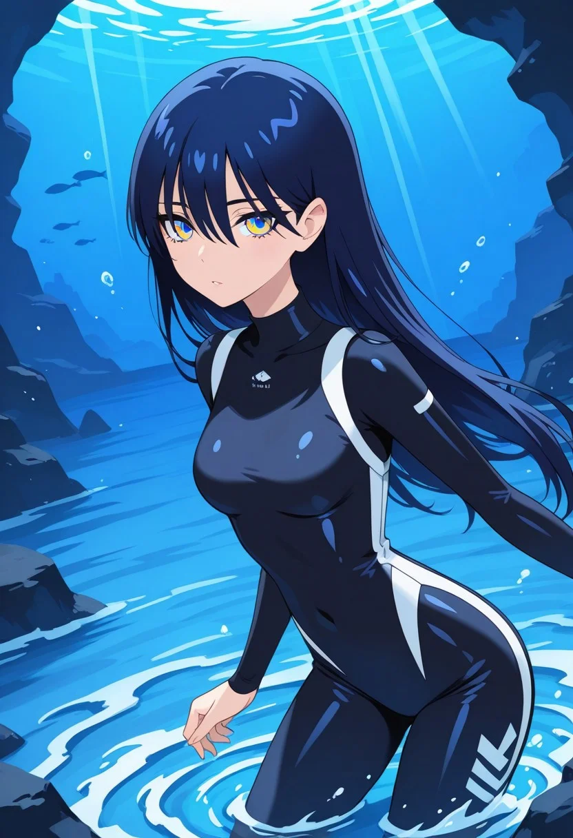 1girl, masterpiece, best quality, amazing quality, watercolor,nyaan,slender,long hair, hair between eyes, bangs, blunt bangs, deep blue hair,multicolored eyes, in deepsea, light lines, diving suit