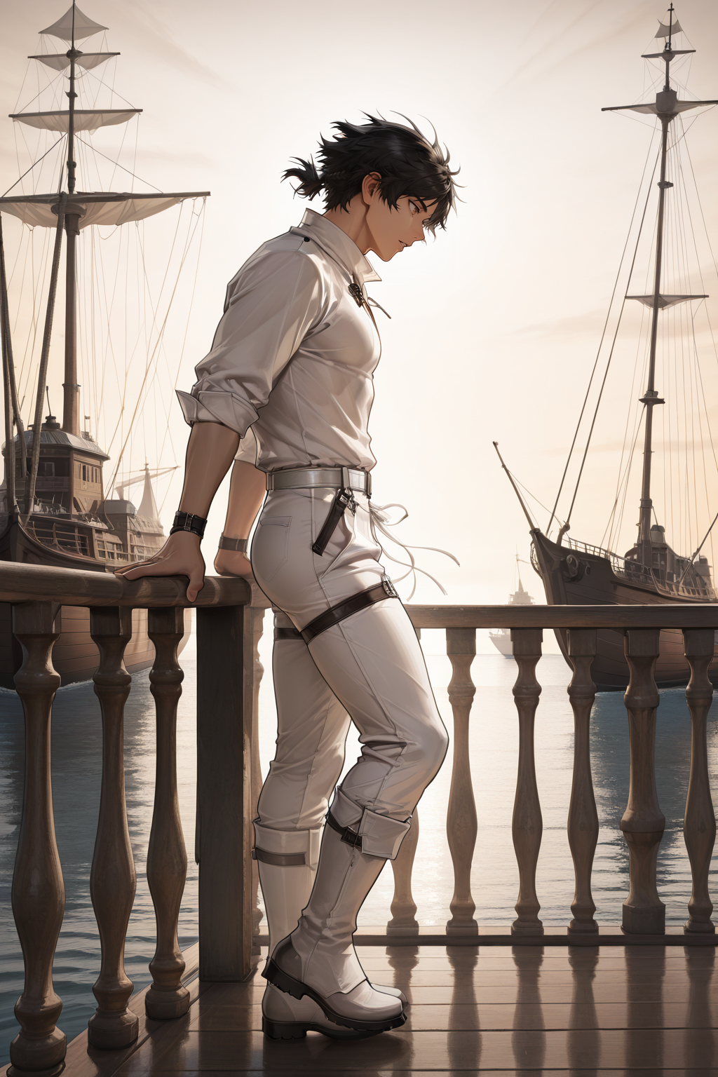<lora:thorns_the_lodestar-000007:0.6>,thorns the lodestar,black hair,brown eyes,slim,ship,bands on railing,from side,wind,full body,parted lips,white shirt,white pants,white boots,1boy,solo,yaoi,bara,male focus,masterpiece,best quality,amazing quality,nsfw,uncersored,highres,best quality,amazing quality,best aesthetic,absurdres,