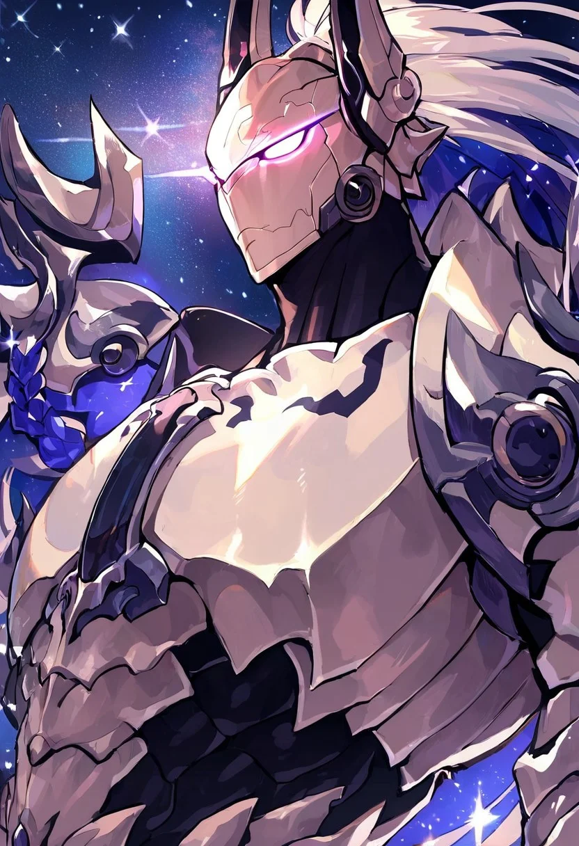 zPDXL3,score_9, score_8_up, score_7_up,(detailed body, detailed background, perfect hands, perfect anatomy, masterpiece, high quality, best quality), solo,male focus,source_anime,minamoto_no_tametomo,helmet,armour,muscular,bara,glowing eyes,close up,half length,(sparkles:1.1),glowing,galaxy,view from side