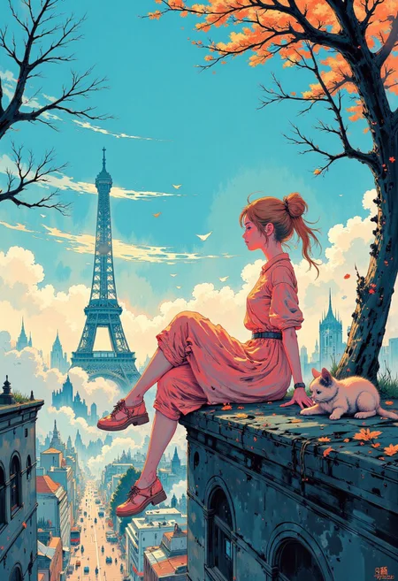 A dynamic anime-style illustration of a glamour woman sitting on the edge of a building in paris, overlooking the eiffel tower, high above the city. She has her legs stretched forward with her hands gently resting on her knees, her upper body leaning slightly forward. her cat rests next to her on the ledge. She wears a bright pink dress,  and vibrant pink sandals with white soles. Her golden blonde hair flows naturally in the breeze.
The background features a vivid urban parisian cityscape , with detailed buildings, small cars, and bustling streets far below. The perspective emphasizes depth and height, creating a thrilling and adventurous atmosphere. The color scheme is dominated by bright blue and pink tones, with orange and green elements.
The sunlight casts soft, warm shadows, enhancing the vibrant and energetic mood. The overall composition is dynamic and asymmetrical, with a strong sense of scale and movement in the scene.
<lora:Anime v1.3:1.2> <lora:Blue_Future:0.9>, painted world