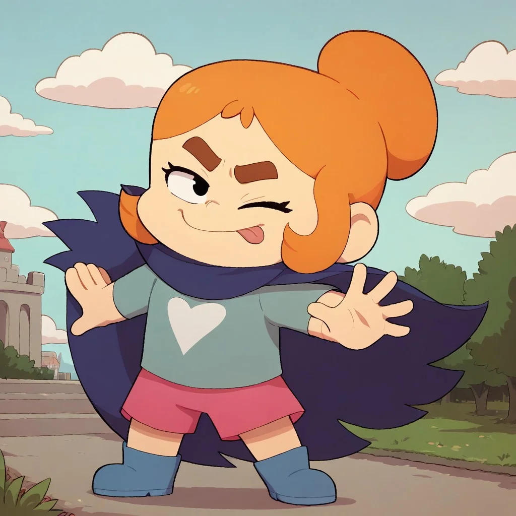 score_9, score_8_up, score_7, BREAK, kelsey_p, thick eyebrows, orange hair, single hair bun, cape, shirt, shorts, smirk, one eye closed, tongue, cute, outdoors,