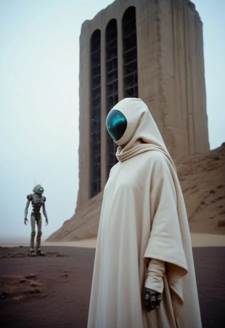 Colour film 35mm 1976, rule of thirds, right, down, monster:0.5 (close-up, portrait of bizarre robotic organism in robe, dark dystopian desert landscape), a giant futuristic building in rock city in the background, liminal space, fog