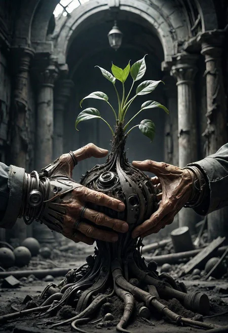 Capture the essence of a dystopian future in a close-up photograph featuring two cyborg or robotic hands cradling a mound of fresh earth with a vibrant green sprout, set against a backdrop of dark ruins. Explore the juxtaposition of technological beings nurturing the symbol of life in the midst of desolation.
very detailed, atmospheric haze, Film grain, cinematic film still, shallow depth of field, highly detailed, high budget, cinemascope, moody, epic, OverallDetail, gorgeous, 2000s vintage RAW photo, photorealistic, candid camera, color graded cinematic, eye catchlights, atmospheric lighting, skin pores, imperfections, natural, shallow dof