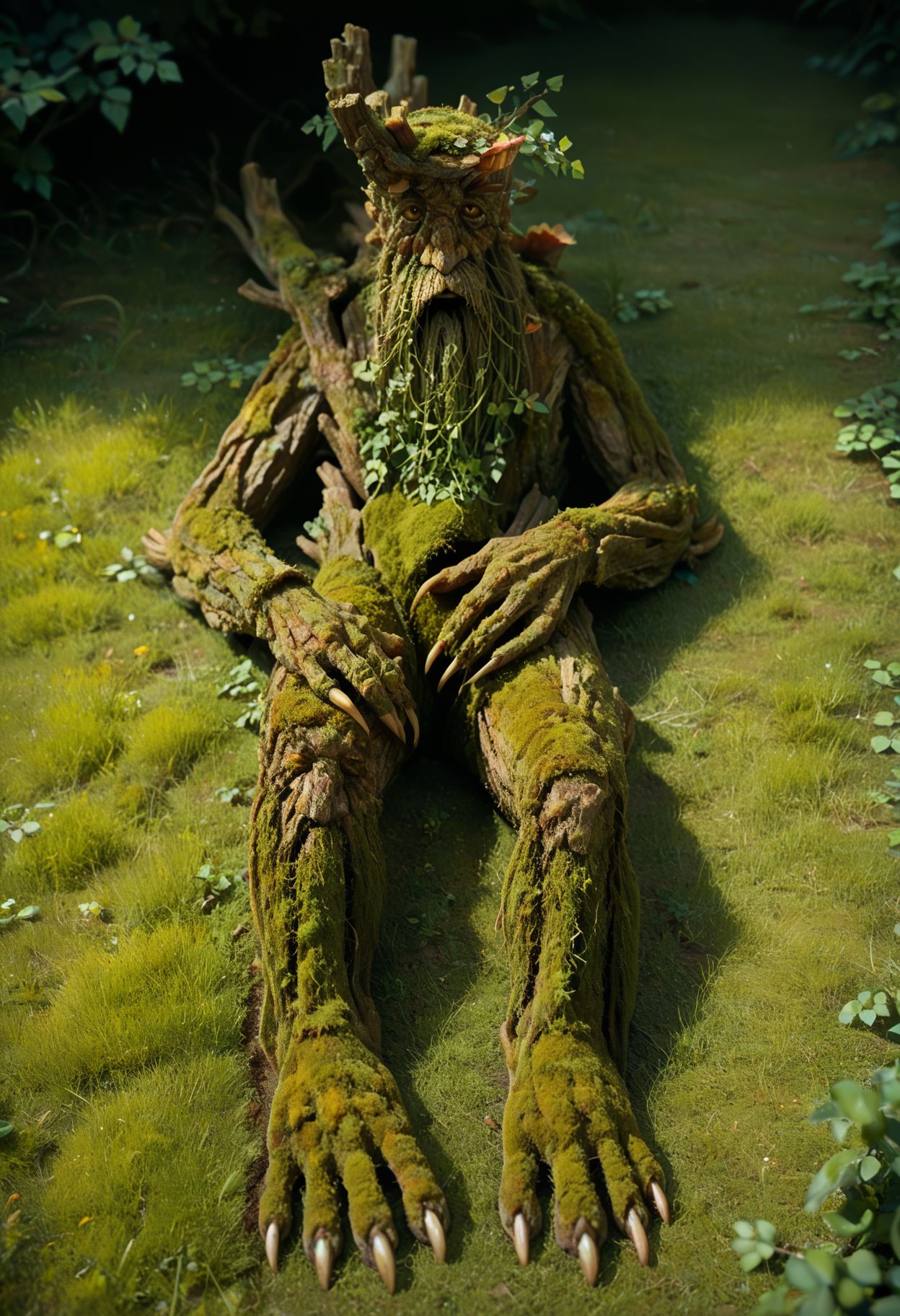 <lora:treebeard_lotr_pny-15:1.3> treebeard, ent, lying, on back, from above, on ground, yellow eyes, grass, outdoors, moss, day, sunbeam, claws, score_9, score_8_up, score_7_up, score_6_up, score_5_up, score_4_up