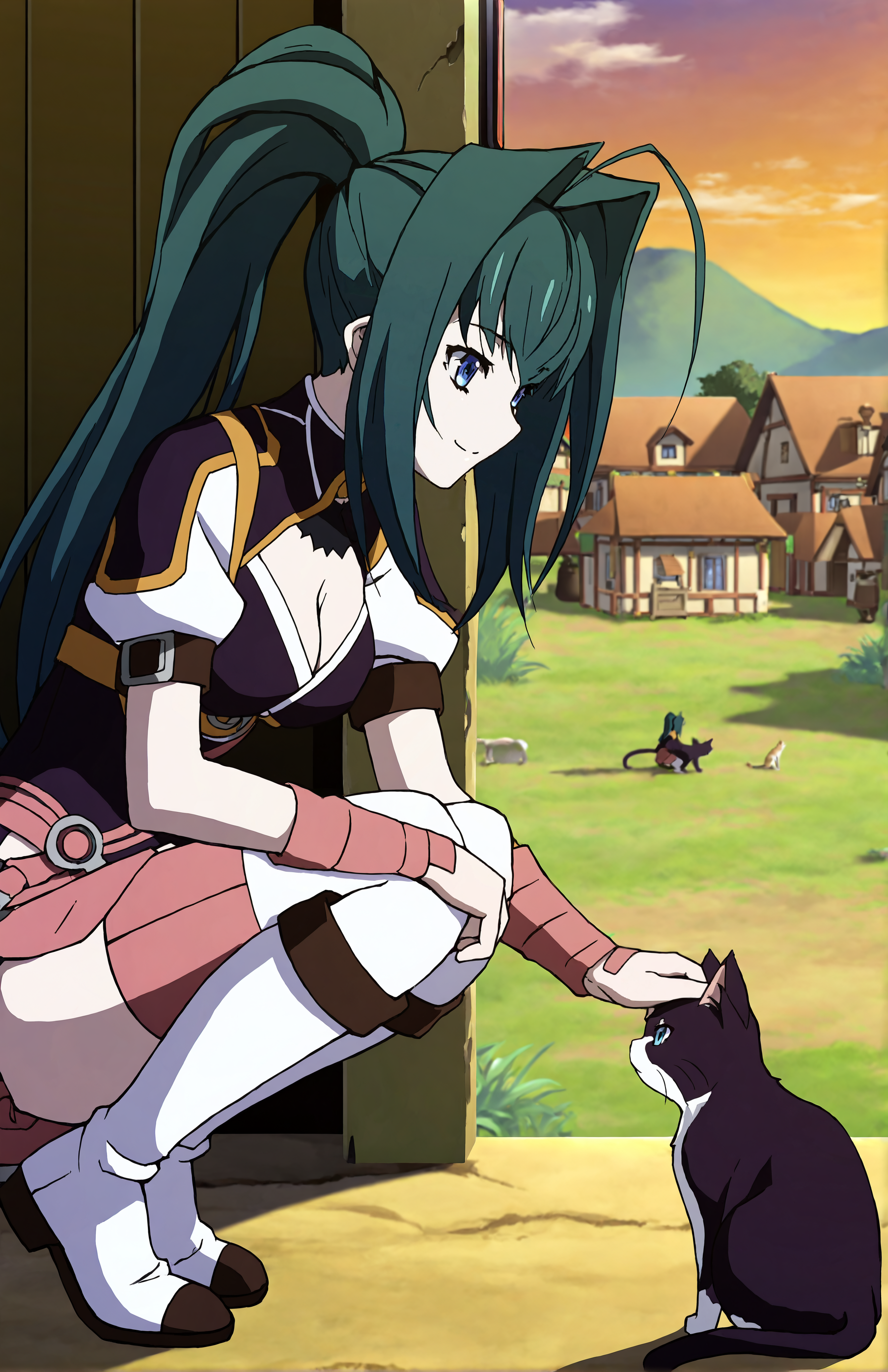 AkariAcura, 1girl, solo, long hair, green hair, ponytail, blue eyes, cleavage, purple top, skirt, thighhighs, knee boots, forest, sitting, blush, smile, portrait, looking at viewer
