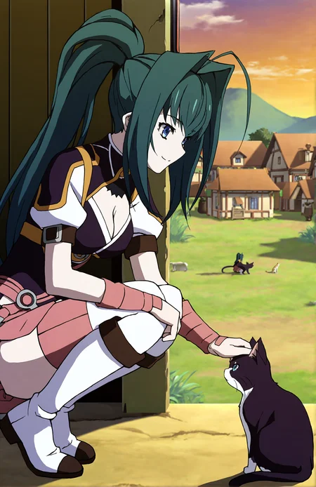 AkariAcura, 1girl, solo, long hair, green hair, ponytail, blue eyes, cleavage, purple top, skirt, thighhighs, knee boots, forest, sitting, blush, smile, portrait, looking at viewer