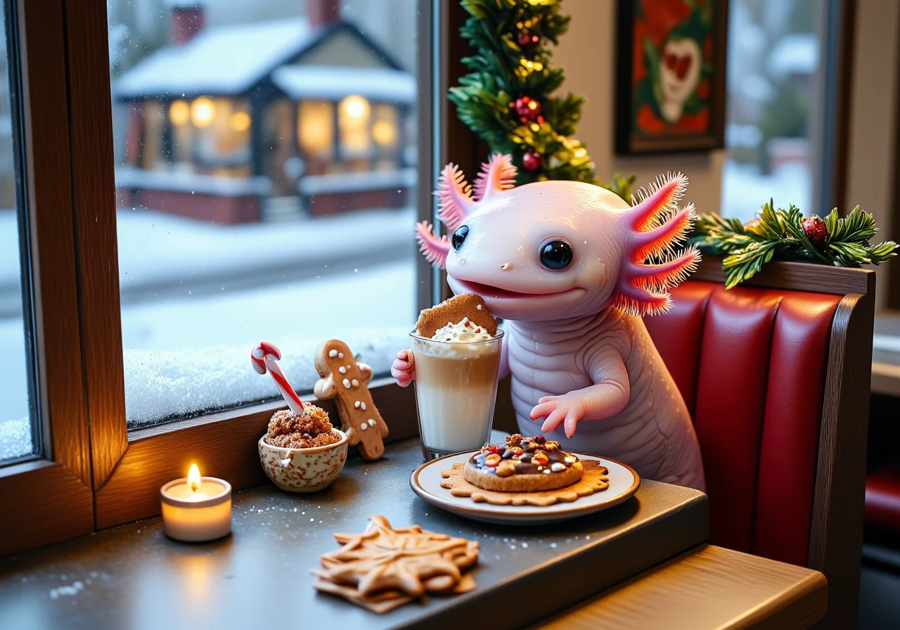 A miniature diorama of an image shot with significant tilt shift effect of tiny axolotls, high angle view, close-up of a pink axolotl in a tiny diner booth decorated with holiday lights, holding a mini gingerbread cookie and sipping on a warm spiced latte; its frilly gills sway as it gazes out at the softly falling snow outside the frosted window; the tabletop has a mini candy cane, a small holiday napkin, and a lit candle, while the tilt-shift effect blurs other festive decorations like garlands and a small Christmas tree, creating a warm, nostalgic holiday diner scene, the tiny axolotls have pink frilly gills and round black eyes<lora:Axomodel_Flux_V1.1.safetensors:0.85:0.85> <lora:Diorama_Flux.safetensors:1.25:1.25>