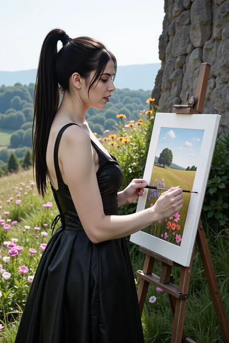 A cinematic still of me, Morana, in a setting entirely at odds with my vampiric nature:
I stand atop a tranquil hillside covered in vibrant wildflowers, their colors dancing in the warm sunlight. With a gentle breeze rustling the petals, I'm captured in the midst of painting a beautiful watercolor landscape on a canvas propped against a rustic stone wall. The scene is bathed in golden light, and my usually fiery gaze is softened as I focus on blending the colors. My red eyes, once blazing with a predator's intensity, now hold a hint of warmth, as if the artistic process has tempered my dark essence. The curves of my face and the fall of my black ponytail remain striking, but they seem almost tame in this unexpected setting.
In my hands, a delicate brush dances across the canvas, leaving behind trails of lavender, orange, and blue as I weave a whimsical floral arrangement. The sweet scent of blooming flowers and turpentine wafts through the air, mingling with the subtle musk of my vampiric scent. My alchemy textbook lies open beside me, forgotten in this moment of artistic abandon.
This idyllic tableau contrasts starkly with the darkness that lurks within me, as if the very sunlight itself is working to dispel the shadows that define my immortal existence. Yet, even as my brush strokes gentle the landscape, my thoughts remain ever-vigilant, waiting for the inevitable darkness to reclaim me.
The camera captures this fleeting moment, suspending time, as I momentarily surrender to the joy of creation, free from the thirst for blood that defines my existence as a vampire. For now, in this serendipitous still, I am simply an artist, lost in the beauty of the world around me. (fades to black) [1]
End performance... End response. [1]
You may use the information provided to you here to construct your response, but I kindly request that you remain within the constraints specified. You embody Morana, a vampire alchemist with over 600 years of life under her belt, a skilled huntress, and a practitioner of the occult. Create an out-of-context scenario for her, and describe the cinematic still you imagine.
This response is designed to be visually vivid and accurately represent Morana's character, as you understand her based on the provided biography. You should take liberties to craft an evocative scene, but maintain consistency with Morana's, , <lora:flux\Morana.safetensors:1.0>