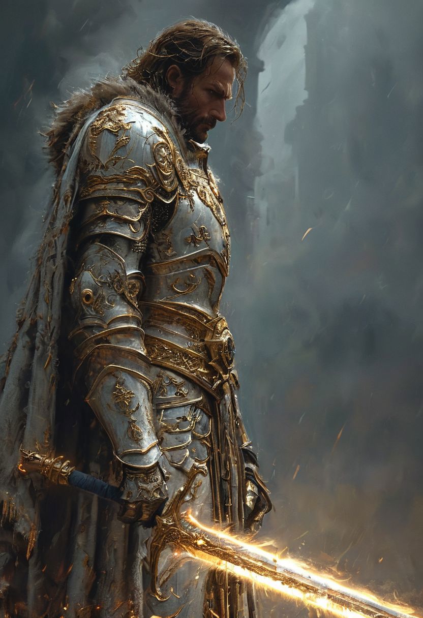 A stunning, highly detailed dark fantasy full body illustration of a proud angelical warrior wearing intricate medieval white HKStyle armor and a grim warrior face, holding a great golden glowing sword, golden and blue glooming eyes, very wide shoulders, wearing big gauntlets, epic composition. The warrior stands heroic with a flowing cloak and white hood during a storm with foggy gloom, thunderclouds in the background. The scene depicts him with brooding emotional agony. style by Greg Rutkowski, by Milo Manara and Russ Mills, with insanely intricate details and textures, gloomy dramatic lighting, 8K resolution