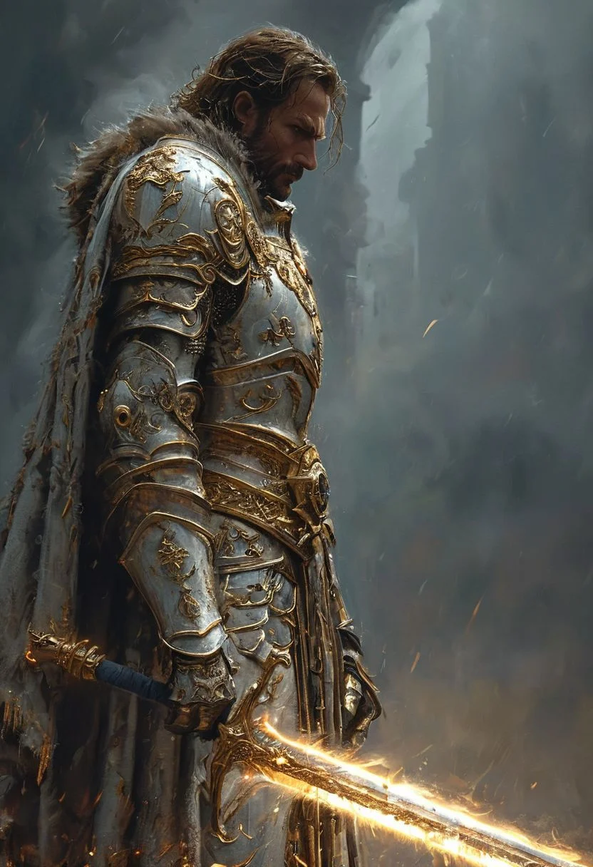 A stunning, highly detailed dark fantasy full body illustration of a proud angelical warrior wearing intricate medieval white HKStyle armor and a grim warrior face, holding a great golden glowing sword, golden and blue glooming eyes, very wide shoulders, wearing big gauntlets, epic composition. The warrior stands heroic with a flowing cloak and white hood during a storm with foggy gloom, thunderclouds in the background. The scene depicts him with brooding emotional agony. style by Greg Rutkowski, by Milo Manara and Russ Mills, with insanely intricate details and textures, gloomy dramatic lighting, 8K resolution