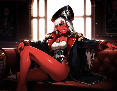 (score_9,score_8_up,score_7_up:1), 1girl, full body, off amateur angle, natural lighting, Cute, (goth, black lipstick, silver jewelry, silver piercings, black mascara, black eyeshadow), <lora:Hanging_Breasts:1>, (skinny), skeletal hair,choker, eyeshadow, (pearly white scarred skin), (lounging), loud living room, (<lora:commissar_uniform_WH40K:1> commissar uniform, long coat, commissar hat), <lora:mandaringv2:1>
