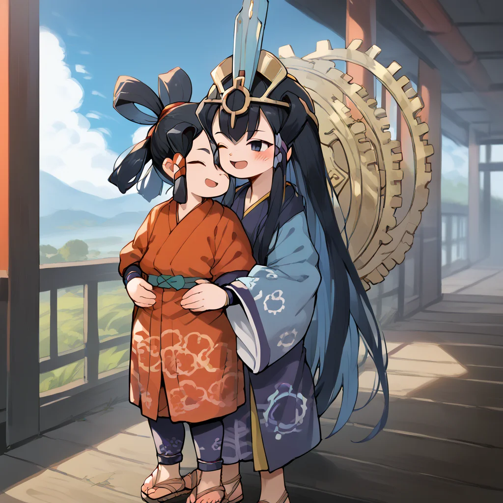 2girls, multiple girls,  score_7_up,  score_8_up,  score_9, source anime, masterpiece,wood floor, inside room, hugging, 
ADDBASE
<lora:Sakuna:1> purple eyes, black hair, hair rings, hair tubes, red kimono, japanese clothes, short kimono, bike shorts, wristbands, leg warmers, sandals, child, smile, closed eyes, open mouth, 
ADDCOL
 <lora:KokorowaHime:1> kokorowahime, long hair, headpiece, kokorowafuku, KokoroGear, geta, platform_footwear, tabi, blush,  long kimono,  slim,  blush,