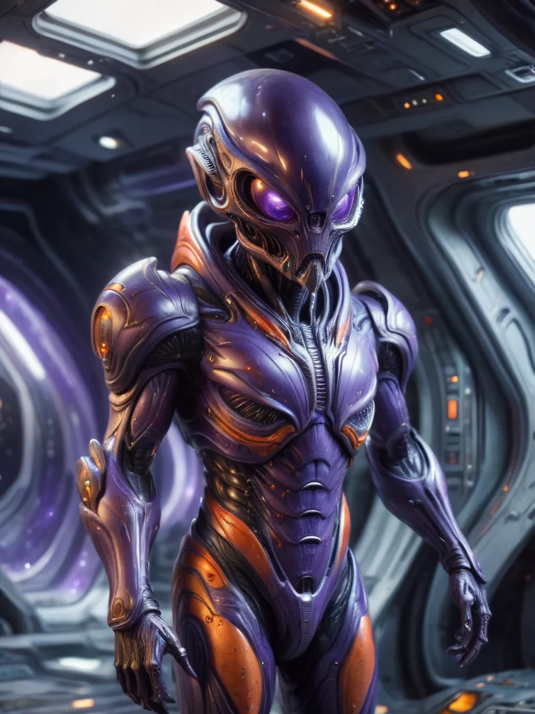 full body shot, closeup, masterpiece, best quality, (photorealistic:1.4), a photo of a monster, wearing purple alienzkin war armour, (orange alienzkin helmet:1.2), inside spaceship, flight bay, <lora:alienzkin:0.6>