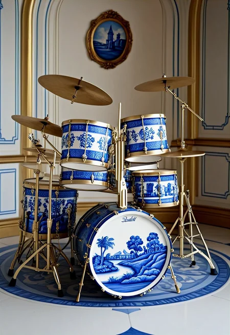 end_delft_morph, no humans, instrument, drum set, still life, scenery, chair, delft porcelain, made of porcelain, blue and white porcelain, delaware porcelain, best quality, masterpiece