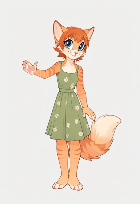 score_9, score_8_up, score_7_up, score_6_up, score_5_up, score_4_up, telegramstickerxl, cute, 2d, vector art, cartoon, (white outline, drop shadow), sticker, Vera,1girl, solo, furry female, short hair, orange hair, bangs, fox ears, perfect eyes, blue eyes, freckles, snout, animal nose, body fur, two-tone fur, orange fur, white fur, striped, fox tail, square pattern on dress, green sundress, green and orange color, barefoot, full body, front view, looking at the viewer, smile, focus on face, dynamic pose, 4k, 8k, Ultra HD, masterpiece, simple background.