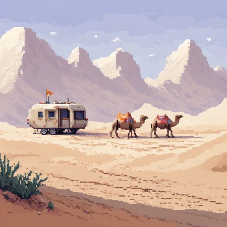 <lora:Pixel_Art_Styles:1> ArsMJStyle, Pixel Art , LowP, Desert Caravan, The image shows a simple pixel art scene of a caravan traveling through a vast desert. The camels and travelers are depicted as small, blocky figures, and the sand dunes are represented with large, pixelated shapes. The color palette is warm, using shades of beige, orange, and yellow to evoke the desert heat., desert, caravan, camels, travelers, low resolution, blocky, warm tones, beige, orange, yellow, simple, minimal detail, day