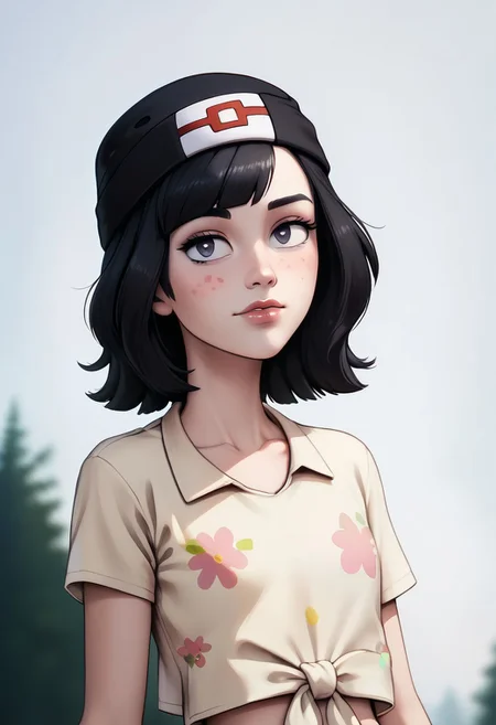 score_9, score_8_up, score_7_up, score_6_up, PRSNL_3_1, uncensored, pupils black dots, lips,
upper body, best quality, masterpiece, 4k, realistic, warm light,
Selene_(Pokemon)
grey_eyes, black_hair, medium_hair, flat_chest
grey_eyes, black_hair, medium_hair, flat_chest, yellow_shirt, tied_shirt, undershirt, floral_print, red_hat, beanie, green_shorts