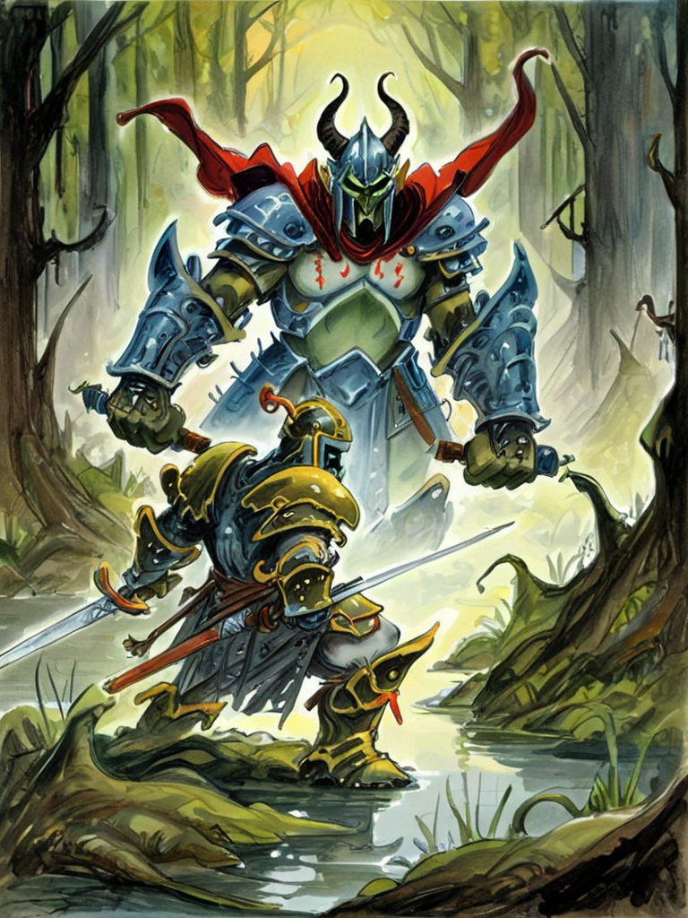 azpiri style pencil drawing, a warrior in full armor charging  a demon prepare to fight,in a dark creepy swamp <lora:azpiriSDLX:1>,detailed,beautiful colors