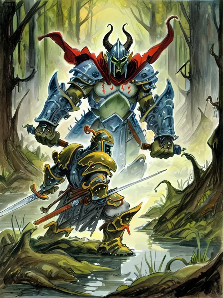 azpiri style pencil drawing, a warrior in full armor charging a demon prepare to fight,in a dark creepy swamp <lora:azpiriSDLX:1>,detailed,beautiful colors