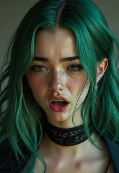 Realistic, realism, 4K, hi-res, Daphne, 20, green hair, freckles, black collar, front facing, (angry), shouting, (enraged), wild,
