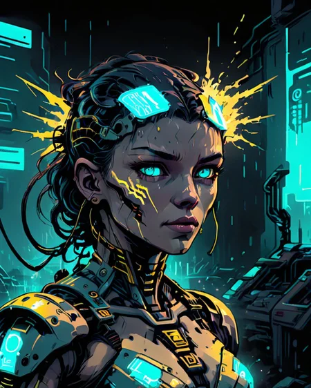 cinematic film still, glowing cyberpunk mecha girl emitting sparks and electricity, dark cyan and yellow, the matrix OverallDetail-SDXL SkinHairDetail-SDXL SkinDetail-SDXL EyeDetail-SDXL