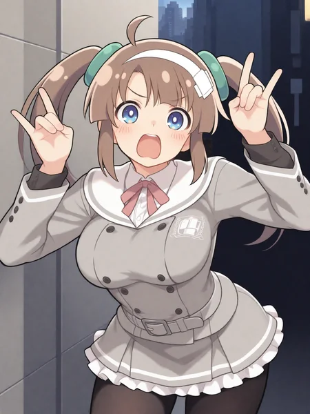 masterpiece, best quality, good quality, masterpiece, best quality, very aesthetic, (tsuvida:0.5)
Minori_IL, blue eyes, brown hair, white hair ornament, green scrunchie, twintails, huge breasts, ahoge, BREAK, Minori_school, school uniform, white sailor collar, grey jacket, black buttons, grey skirt, skirt frills, neck ribbon, grey belt, black pantyhose
solo, cowboy shot, (horn gesture:1.2), by the wall, expressive, shouting
night, city, neon
<lora:Minori_IL:1>
<lora:ponyv5_noobE11_1_adamW:0.7>
<lora:ai_styles_collection_noob_vpred-0.6_v3:0.5>