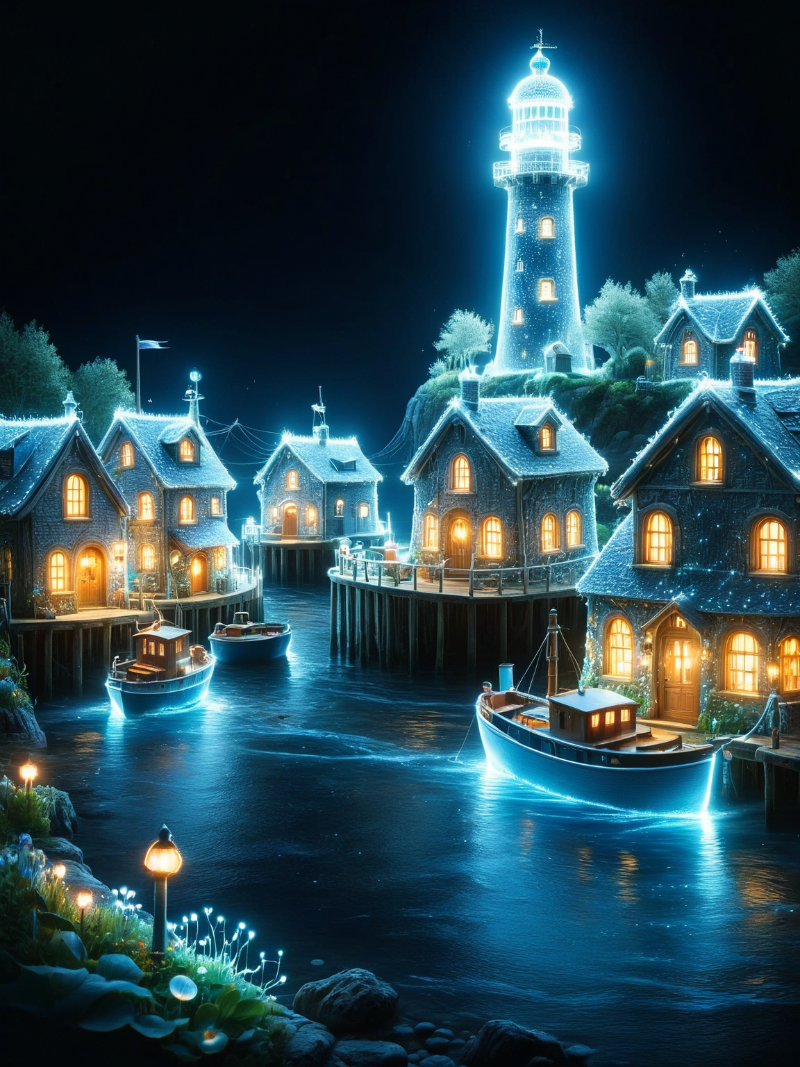A whimsical scene of an ais-blmn fairy village, with tiny habor, tiny fishing boats, a lighthouse, houses, ale house, boat yard, bridges, houses and gardens all intricately detailed with ais-blmn, dynamic, cinematic, masterpiece, intricate, hdr.  <lora:ais-blmn-sdxl:1>