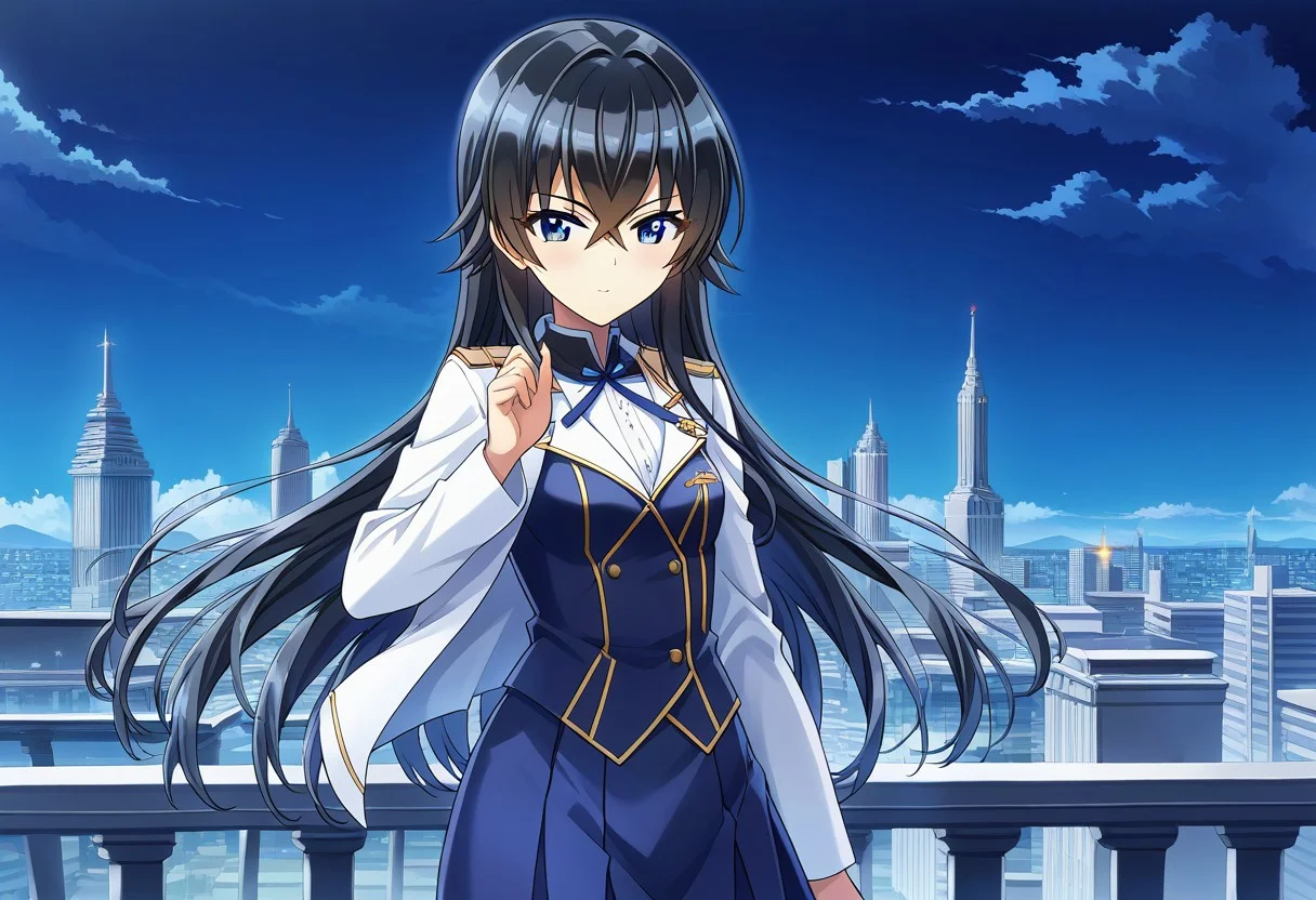 score 9, score 8 up, source anime, masterpiece, best quality, detailed eyes, detailed face, cowboy shot, outdoors, cityscape, night sky,
Otsuki Hagane, blue eyes, black hair, hair between eyes, very long hair, small breasts,