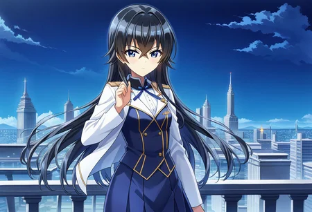 score 9, score 8 up, source anime, masterpiece, best quality, detailed eyes, detailed face, cowboy shot, outdoors, cityscape, night sky, 
Otsuki Hagane, blue eyes, black hair, hair between eyes, very long hair, small breasts,