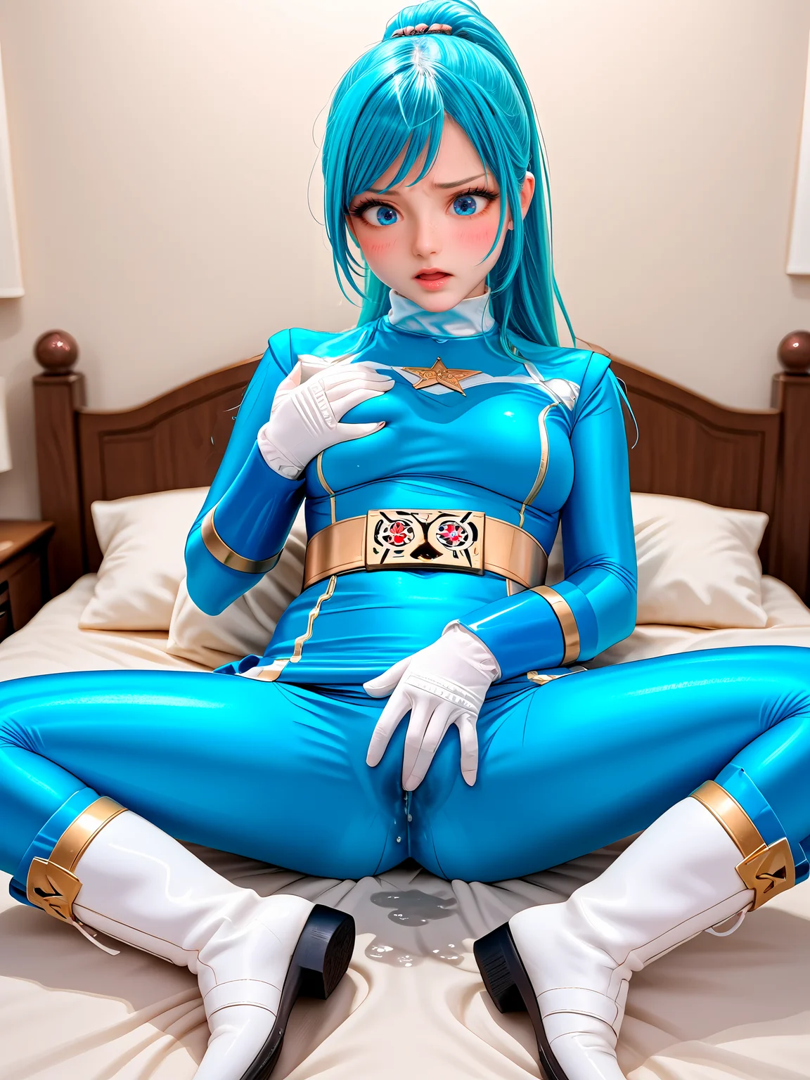 score_9, score_8_up, score_7_up, BREAK,
1girl, solo, BREAK,
aqua bodysuit, aqua skirt, gold belt, white gloves, elbow gloves, shiny clothes, spandex, no headwear, boots, white footwear, colored shoe soles, <lora:Ryuuseiger:1>, BREAK,
swept bangs, (aqua hair:1.2), sidelocks, long ponytail, blue eyes, straight hair, medium breasts, BREAK,
embarrassed, full-face blush, open mouth, heavy breathing, looking down, BREAK,
sitting, on bed, spread legs, cameltoe, female masturbation, fingering through clothes, pussy juice drip through clothes, (grabbing own breast:1.2), BREAK,
indoors, bedroom, bed