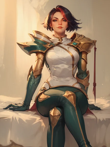 score_9, score_8_up, score_7_up, FioraNormal, 1girl, solo, black and red hair, white armor, golden shoulder pads, green pants, golden gloves, rapier, green boots, wodeipoi, sitting on bed, smirk <lora:FioraNormal:1> <lora:wodeipoi:1>