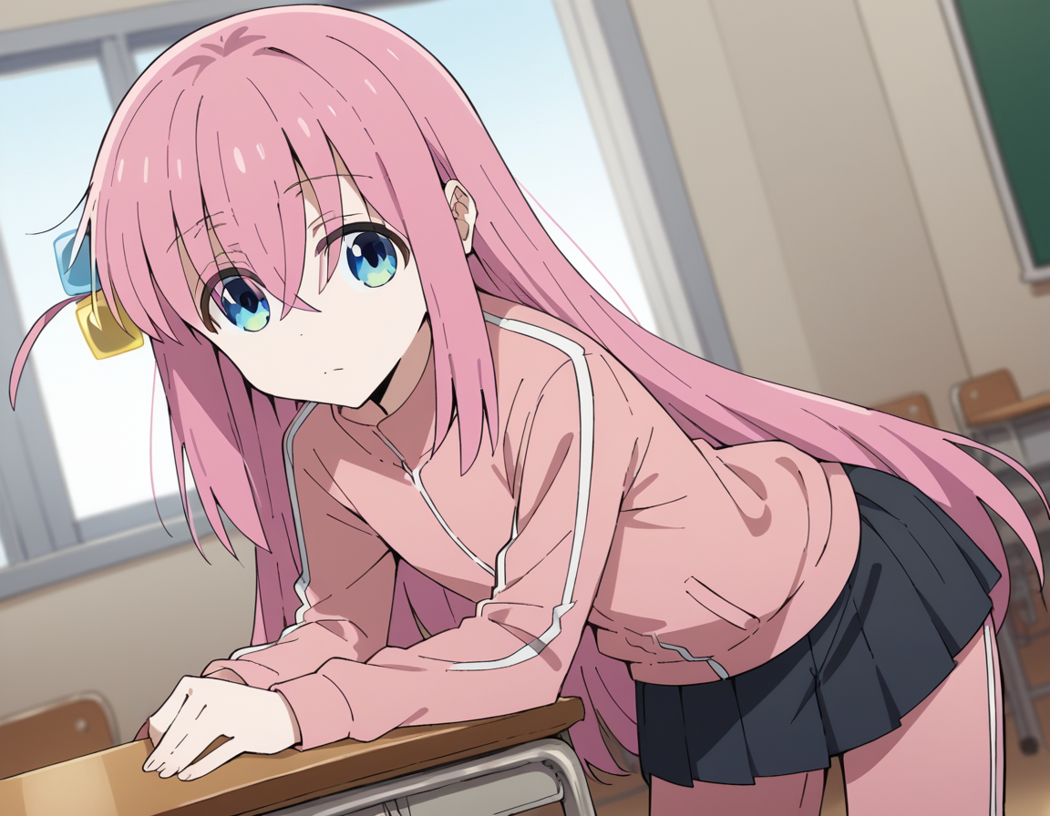 score_9, score_8_up, score_7_up, source_anime,
hitorigotou, <lora:hitori-gotou-s1-ponyxl-lora-nochekaiser:1>,
hitori gotou, blue eyes, cube hair ornament, hair between eyes, hair ornament, pink hair, one side up, long hair,
black skirt, jacket, long sleeves, pants, pants under skirt, pink jacket, pink pants, pleated skirt, skirt, track jacket, track pants, track suit,
indoors, classroom, bent over,
cowboy shot, solo, dutch angle, looking at viewer,
