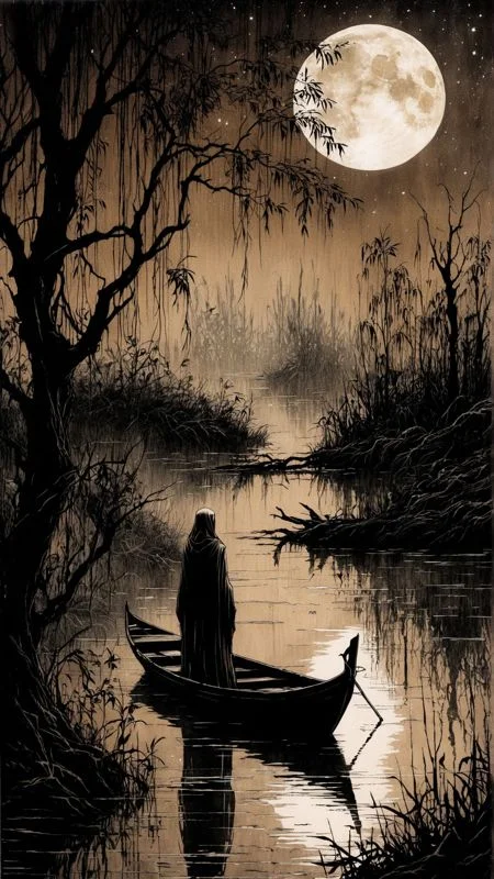 linquivera,  Ink illustration, (anime:0.5), brown tones, aged black red paper, inkpunk, moonlight,surreal, a ghost standing on a boat in swampy wetlands, (at a distance), Will-o'-the-wisp, moonlit, lonely, solitude, windy, tall trees, willows, willowy,  OverallDetail, extremely detailed, UHD,(long exposure , dystopian but extremely beautiful:1.4),<lora:- SDXL - letitflrsh_let_it_flourish_V1.0:0.8> ,<lora:Cute_Collectible:1>, <lora:XL_boss_battle:0.6>  <lora:add-detail-xl:1>,  <lora:Concept Art Twilight Style SDXL_LoRA_Pony Diffusion V6 XL:1>,  <lora:MJ52:1>