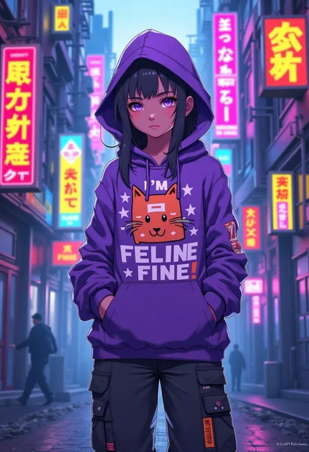 anime, niji, cyberpunk, highly detailed pastel artwork with vibrant neon colors, a girl in a grungy dark alley with neon signs, she is wearing a purple hoodie with a cute cat on it, she is wearing cargo pants, she looks at us wearily, hands in her pockets, it says “I'm feline fine!” on hoodie with big letters, focus on her hoodie, there's a lot of haze and pollution, digital painting with great detail, bright neon colors