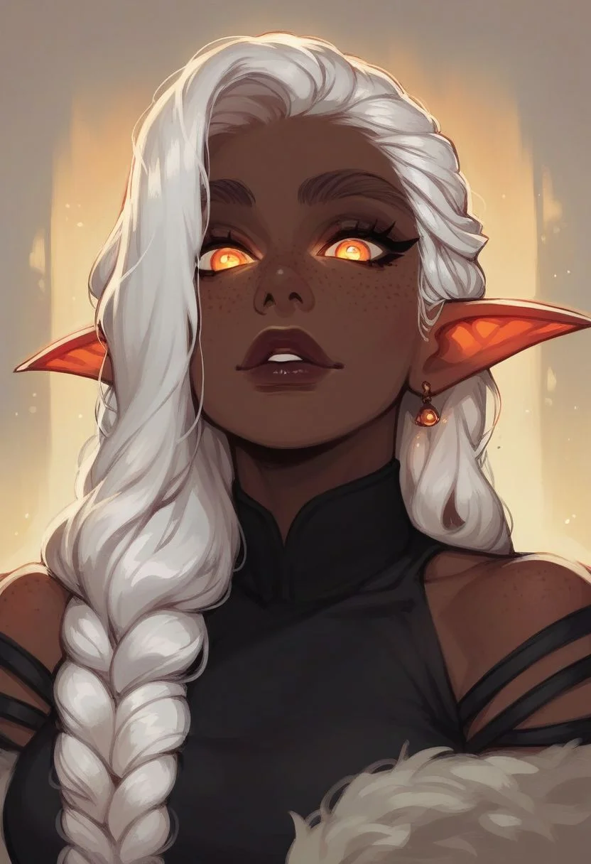 score_9, score_8_up, score_7_up, (elf warlock:1.2), pointed ears, (black clothing with glowing red accents:1.2), solo, dark skin, white hair, brown eyebrows, freckles, (big lips:0.6), makeup