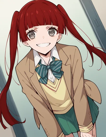 score_9, score_8_up, score_7_up, source_anime, <lora:n-arisugawa-oc-ponyxl-lora-nochekaiser:1>, n-arisugawa, long hair, red hair, bangs, blunt bangs, hime cut, grey eyes,, twintails, skirt, long sleeves, school uniform, jacket, miniskirt, green skirt, blazer, brown blazer, sweater vest, yellow sweater vest, bowtie, green bowtie, striped bowtie, collared shirt,, indoors, bent over, smile, smug, looking at viewer, solo,, cowboy shot, dutch angle