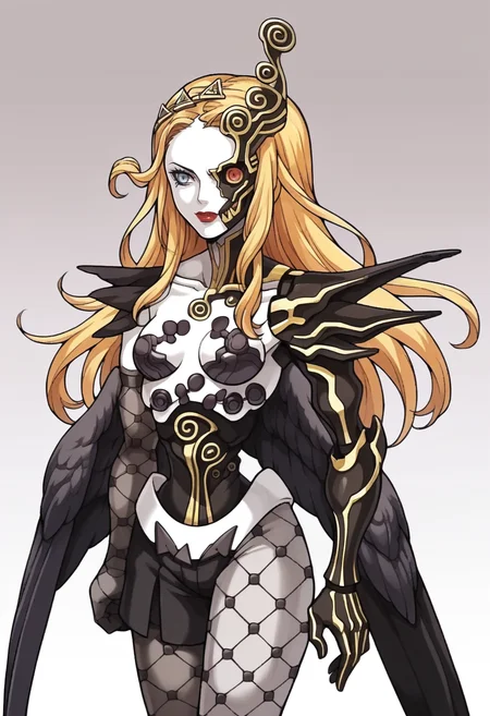 score_9, score_8_up, score_7_up, source_anime, BREAK <lora:zs_FE9PortraitsXL:1> fe9portraits, solo, cowboy shot, simple background, 1girl, arms at sides, <lora:NaamahSMT-pdxl:1> naamah, long hair, colored skin, half mask, heterochromia, lipstick, hairband, black wings, cyborg, mechanical arm, fishnet gloves, asymmetrical gloves, fishnets, asymmetrical legwear, mechanical leg
