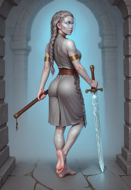 safe_pos, core_9, score_8_up, score_8, semi realistic, ultra detailed, 8k, high quality, hi res, high quality, detailed eyes, perfecteyes, detailed face, 1girl, sharp focus, cowboy-shot, (1girl:1.2), (gray stone skin, bare feet:1.85), (sculpted body, stoic face, glowing stone eyes, long braided stone hair:1.65), (((glowing sword))), long legs realistic, cinematic angle, cinematic lighting, guardian pose
BREAK
standing an ancient temple ruin
BREAK
source_fantasy_art, rating_explicit, expressive, full body, back view, in half a turn, dynamic pose
BREAK
detailed beautiful background, crumbling stone walls, overgrown ivy, ancient statues, moonlit night, mystical fog, sacred atmosphere