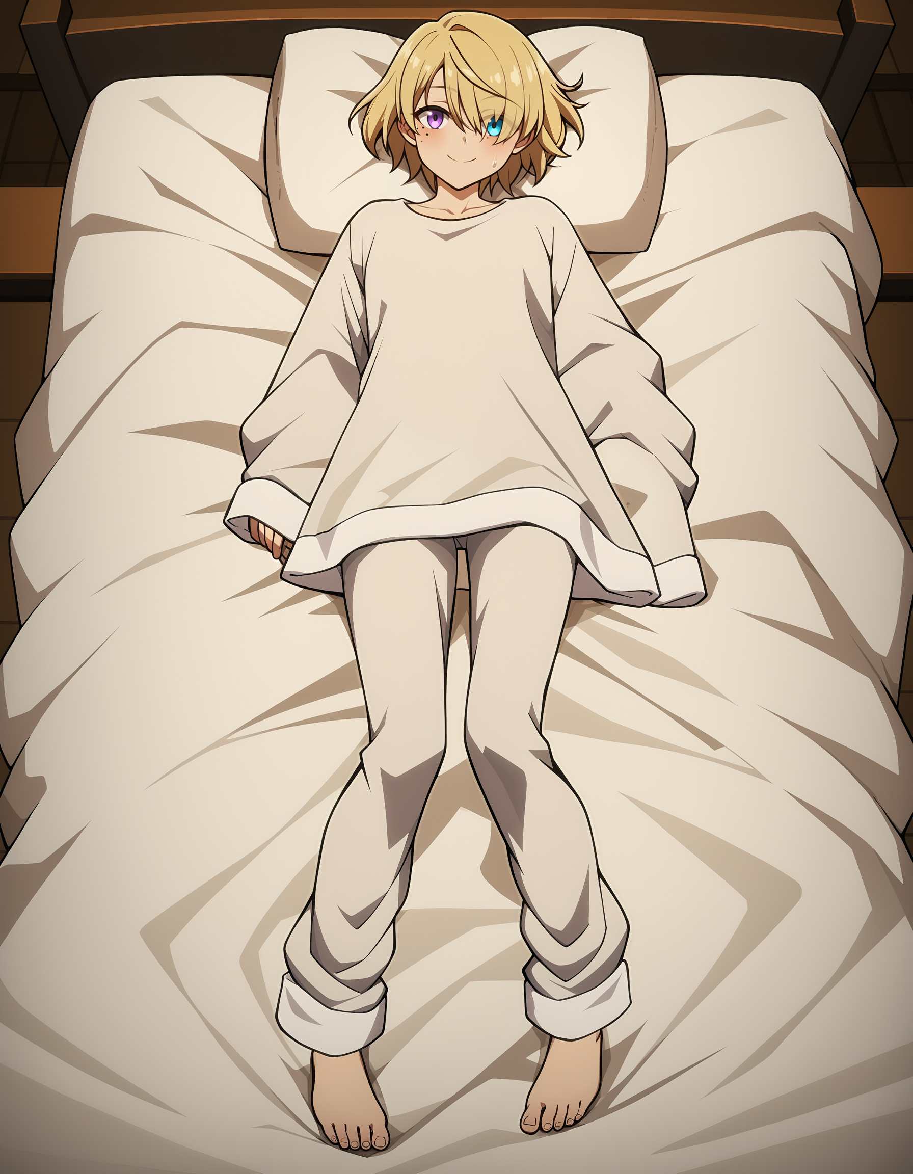 score_9,score_8_up,score_7_up,landscape,looking at viewer,pajamas,after bathing,indian style,smile,bed,head_tilt,wet,towel,full body,
<lora:shanduola_pony:0.8>,shanduola,1girl,solo,blonde hair,hair over one eye,purple eyes,bangs,mole under eye,heterochromia,blue eyes,eyes visible through hair,<lora:Anime_Screencap:1>,anime screencap,