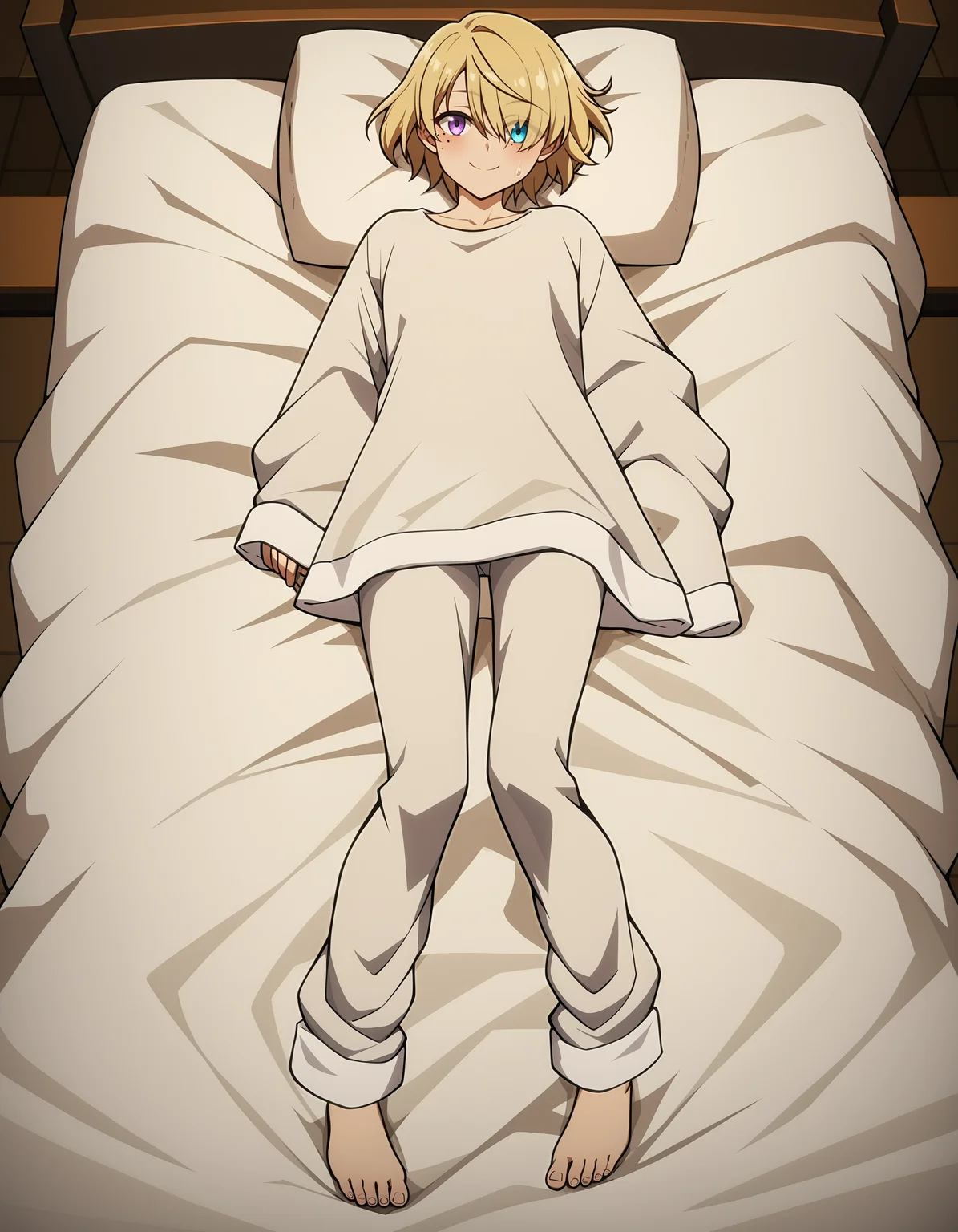 score_9,score_8_up,score_7_up,landscape,looking at viewer,pajamas,after bathing,indian style,smile,bed,head_tilt,wet,towel,full body,
<lora:shanduola_pony:0.8>,shanduola,1girl,solo,blonde hair,hair over one eye,purple eyes,bangs,mole under eye,heterochromia,blue eyes,eyes visible through hair,<lora:Anime_Screencap:1>,anime screencap,