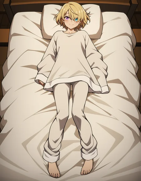 score_9,score_8_up,score_7_up,landscape,looking at viewer,pajamas,after bathing,indian style,smile,bed,head_tilt,wet,towel,full body,
<lora:shanduola_pony:0.8>,shanduola,1girl,solo,blonde hair,hair over one eye,purple eyes,bangs,mole under eye,heterochromia,blue eyes,eyes visible through hair,<lora:Anime_Screencap:1>,anime screencap,