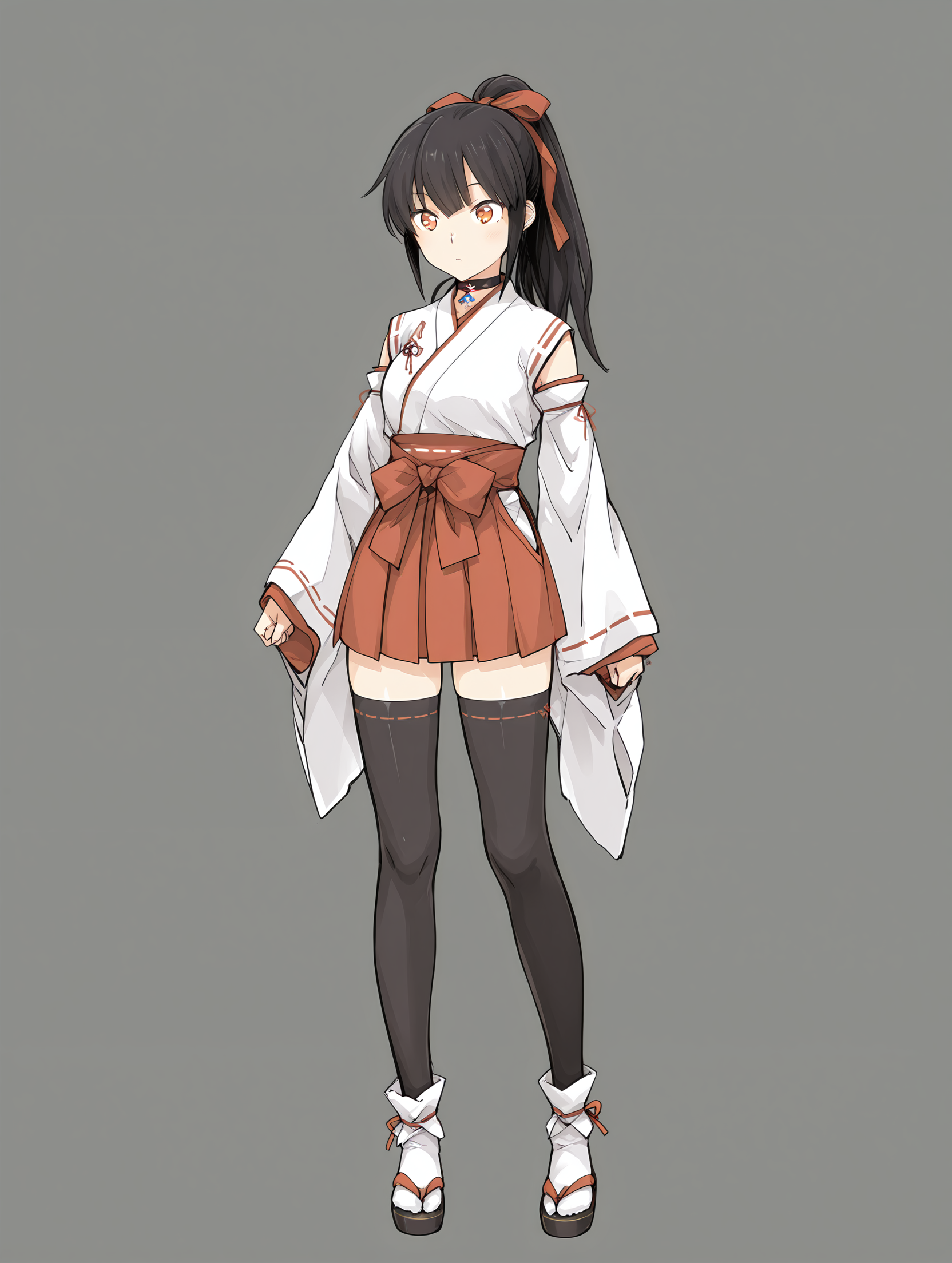 <lora:SDXL_kindred_spirits_on_the_roof__OkujÅ_no_Yurirei-san__å±ä¸ã®ç¾å:1> kd_vnstyle,sketch,
 <lora:Koyori_Amamiya:0.55> divinemikokoyori,black thighhighs,choker, miko outfit,black hair,
orange eyes,
1girl,solo,standing, full body, 
masterpiece,best quality,amazing quality,
