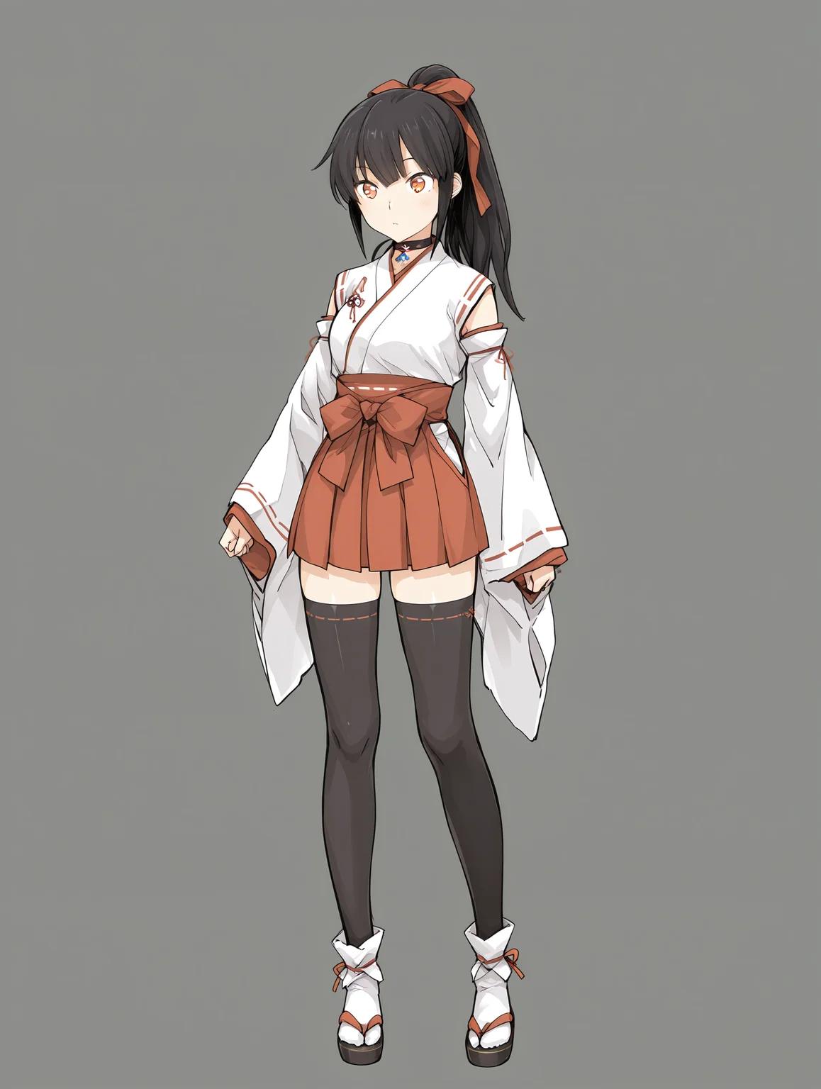 <lora:SDXL_kindred_spirits_on_the_roof__OkujÅ_no_Yurirei-san__å±ä¸ã®ç¾å:1> kd_vnstyle,sketch,
<lora:Koyori_Amamiya:0.55> divinemikokoyori,black thighhighs,choker, miko outfit,black hair,
orange eyes,
1girl,solo,standing, full body,
masterpiece,best quality,amazing quality,
