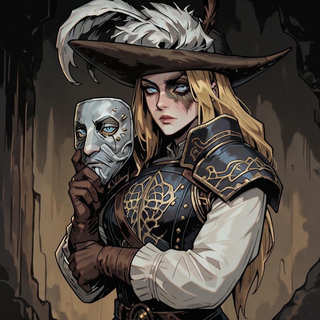 masterpiece, best quality, newest, absurdres, highres, TTCSV1.0,
1girl, DS2Luc-V1.1, blonde, armor, hat, tricorne, brown gloves, long sleeves, hat feather, blue eyes, long hair, DS2Luc-V1.1-hollowing, scar, DS2Luc-V1.1-mask, mask,