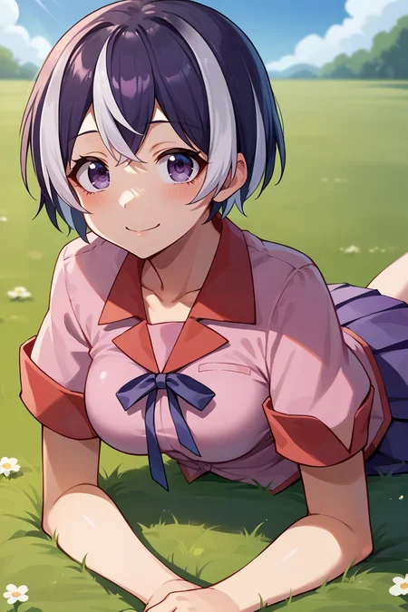 score_9, score_8_up, score_7_up, score_6_up, source_anime, BREAK 1girl, solo  <lora:tsubasa-pdxl-nvwls-v1-000005:1> altTsubasa, multicolored hair, short hair, purple eyes, school uniform, pink shirt, short sleeves, pleated skirt, lying on stomach, looking at you, field, blue sky, happy, medium breasts